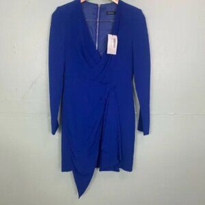 Karen Millen Viscose Satin Crepe Sleeved Drape Wrap Dress Blue Mini Size 8‎